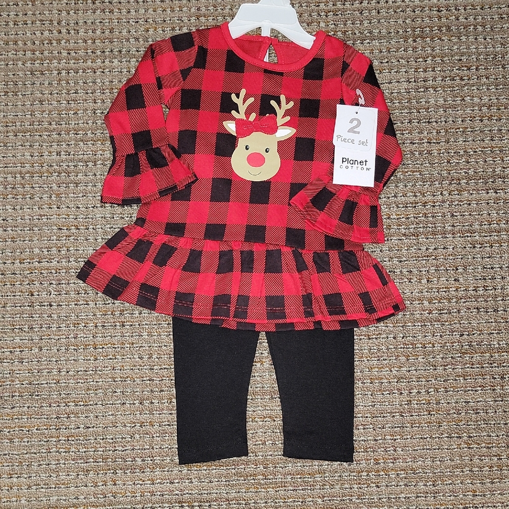 Red Plaid Reindeer Dress with Black Leggings